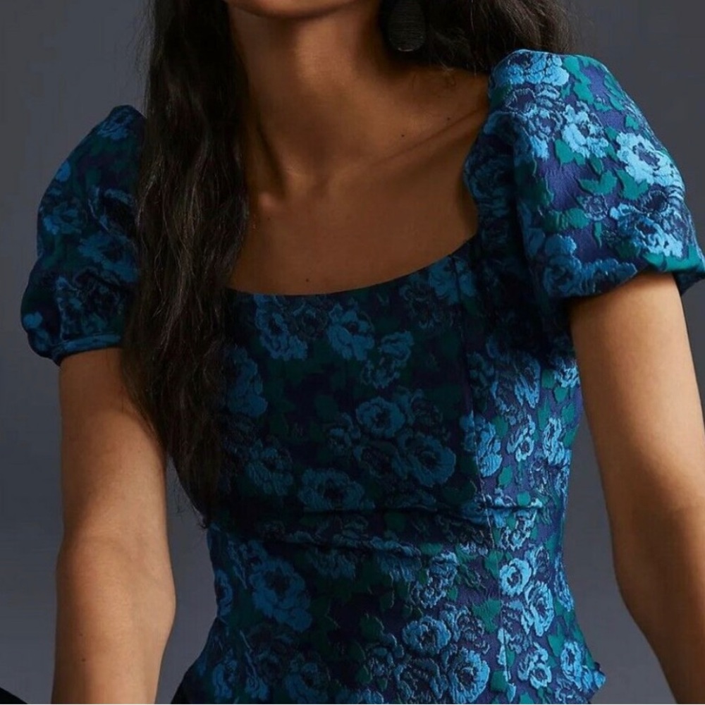 NWT Anthropologie Puff-Sleeved Blue Floral Jacquard Blouse